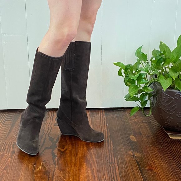 Luxury Rebel Effie Brown Suede Wedge Kneehigh Boot - Picture 2 of 5